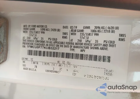 2019 Ford Escape S из США, поврежденный, VIN 1FMCU0F77KUB32217